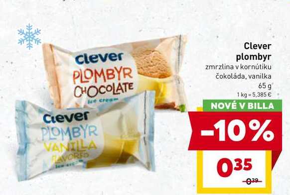 Clever plombyr zmrzlina v kornútiku čokoláda, vanilka 65 g