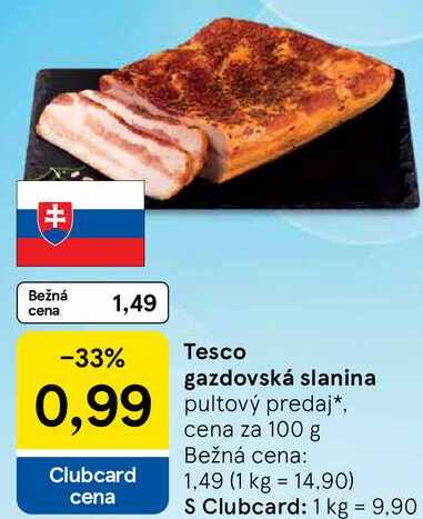 Tesco gazdovská slanina, cena za 100 g 