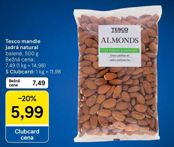 Tesco mandle jadrá natural, 500 g