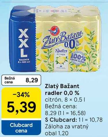 Zlatý Bažant radler 0,0%, 8x 0,5 l