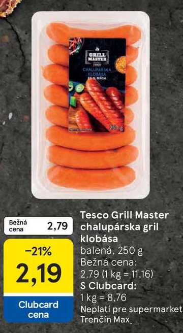 Tesco Grill Master chalupárska gril klobása, 250 g