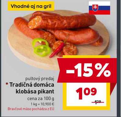 Tradičná domáca klobása pikant cena za 100 g 