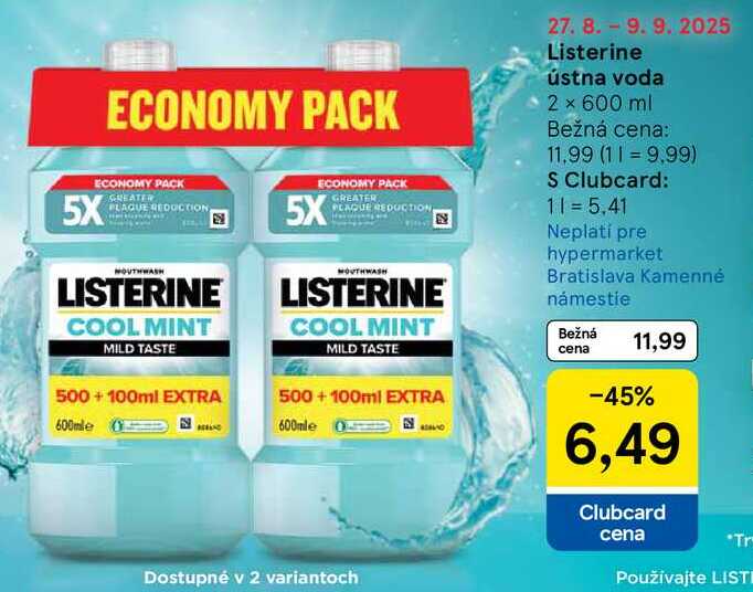 Listerine ústna voda, 2x 600 ml 