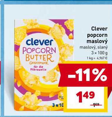 Clever popcorn maslový maslový, slaný 3 x 100 g 