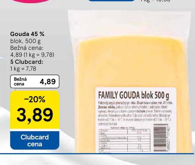 Gouda 45 % blok, 500 g 