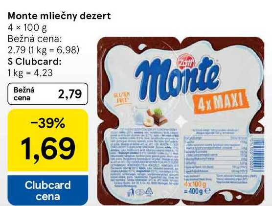 Monte mliečny dezert, 4x 100 g 
