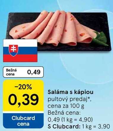 Saláma s kápiou, cena za 100 g 