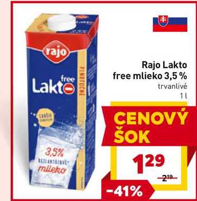 Rajo Lakto free mlieko 3,5% trvanlivé 1l