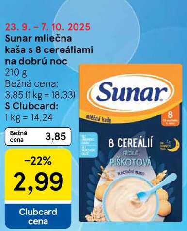Sunar mliečna kaša s 8 cereáliami na dobrú noc, 210 g 