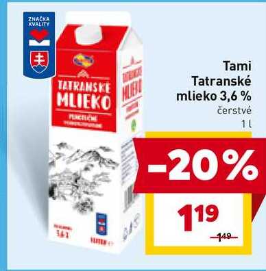 Tami Tatranské mlieko 3,6 % čerstvé 1l