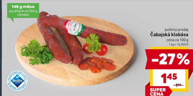 Čabajská klobása cena za 100 g 