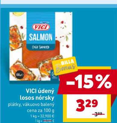 VICI údený losos nórsky plátky, vákuovo balený cena za 100 g