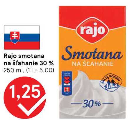 Rajo smotana na šľahanie 30 %, 250 ml