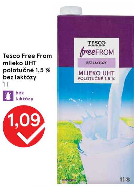 Tesco Free From mlieko UHT polotučné 1,5% bez laktózy, 1 l