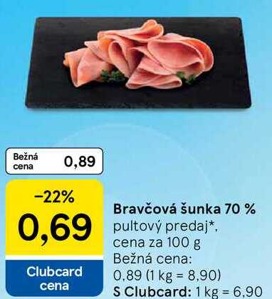 Bravčová šunka 70 %, cena za 100 g 