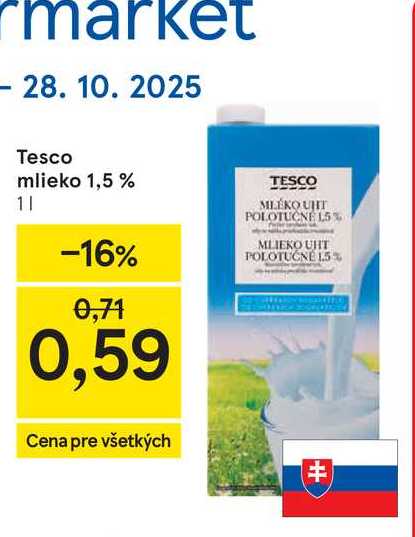 TESCO MLÉKO POLOTUČNÉ 1,5% 1l 