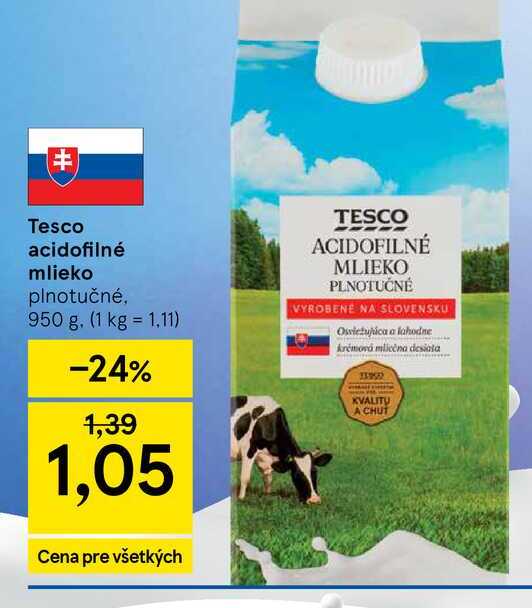 Tesco acidofilné mlieko plnotučné, 950 g
