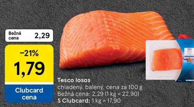 Tesco losos chladený, balený, cena za 100 g 
