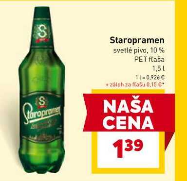 Staropramen svetlé pivo, 10 % PET fľaša 1,5L