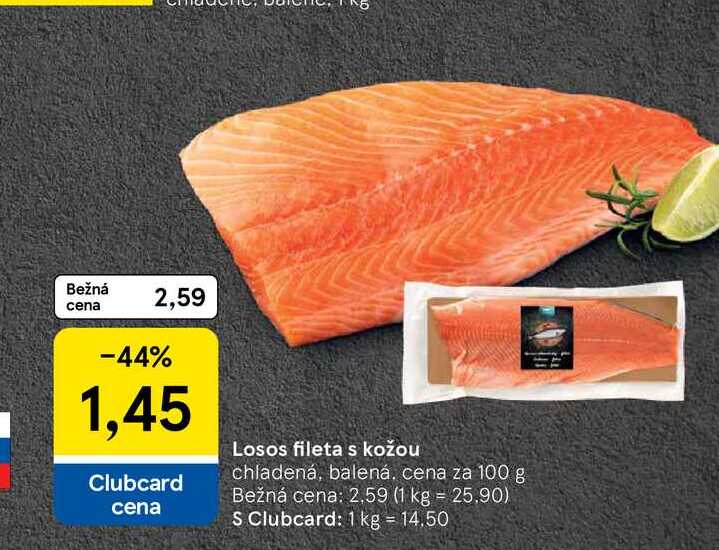 Losos fileta s kožou chladená, balená cena za 100 g 