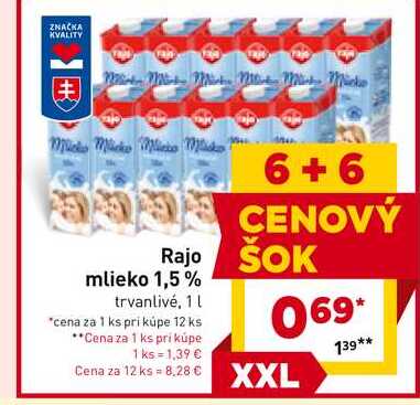 Rajo mlieko 1,5% trvanlivé, 1 l