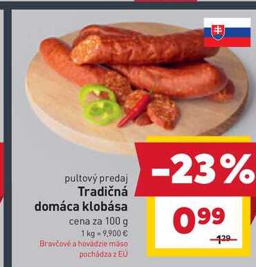 Tradičná domáca klobása cena za 100 g  