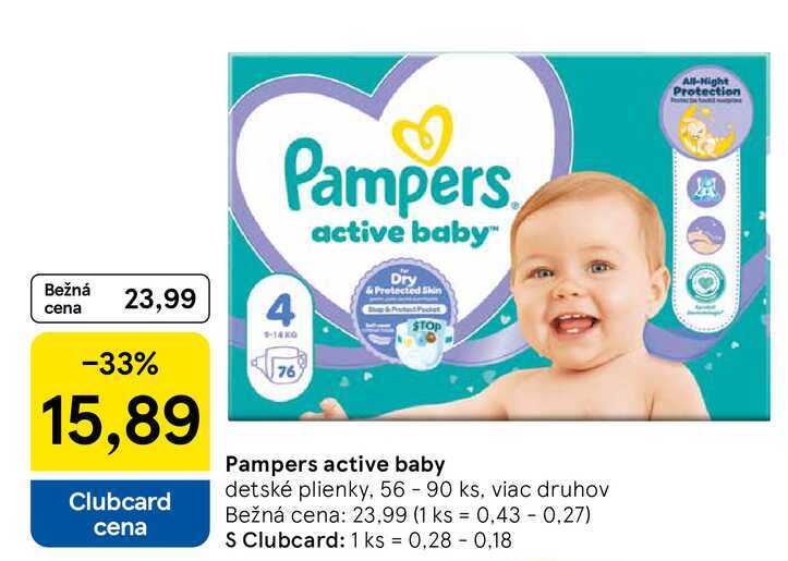 Pampers active baby detské plienky, 56 - 90 ks