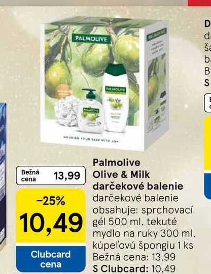Palmolive darčekové balenie obsahuje: sprchovací 10,49 gél 500 ml, tekuté mydlo na ruky 300 ml, kúpeľovú špongiu 1 ks 