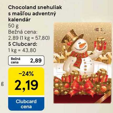 Chocoland snehuliak s mašľou adventný kalendár 50 g