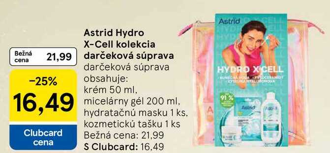 Astrid Hydro X-Cell kolekcia, darčeková súprava obsahuje: krém 50 ml, micelárny gél 200 ml, hydratačnú masku 1 ks, kozmetickú tašku 1 ks