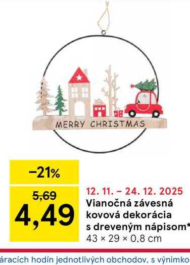 Vianočná závesná kovová dekorácia s dreveným nápisom 43 × 29 × 0,8 cm