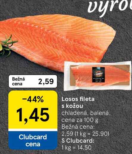 Losos fileta s kožou chladená, balená, cena za 100 g  