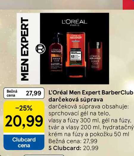 L'Oréal Men Expert BarberClub darčeková súprava obsahuje: sprchovací gél na telo, vlasy a fúzy 300 ml, gél na fúzy, tvár a vlasy 200 ml, hydratačný krém na fúzy a pokožku 50 ml
