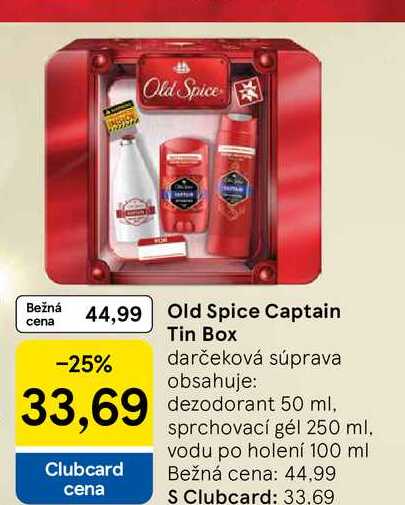 Old Spice Captain Tin Box darčeková súprava obsahuje: dezodorant 50 ml, sprchovací gél 250 ml. vodu po holení 100 ml
