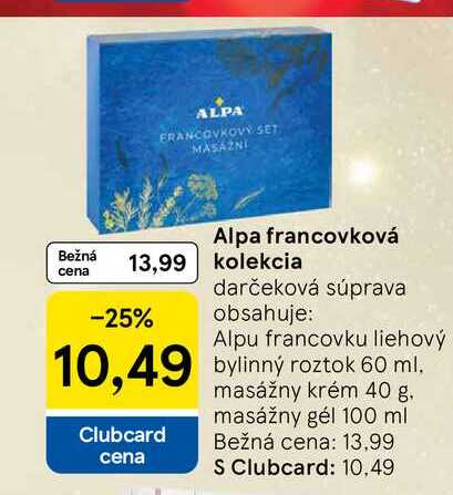 Alpa francovková kolekcia darčeková súprava obsahuje: Alpu francovku liehový bylinný roztok 60ml bylinný roztok 60 ml, masážny krém 40 g, masážny gél 100 ml