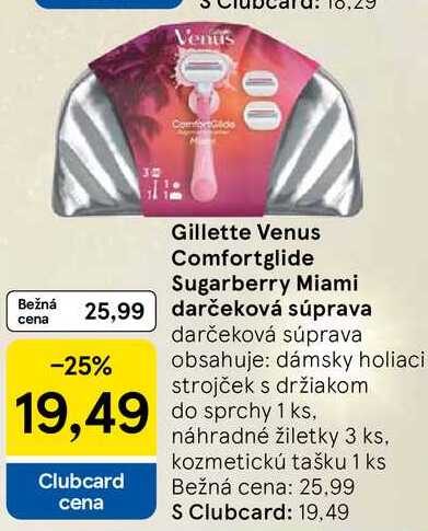 Gillette Venus Comfortglide Sugarberry Miami darčeková súprava obsahuje: dámsky holiaci strojček s držiakom do sprchy 1 ks, náhradné žiletky 3 ks, kozmetickú tašku 1 ks 