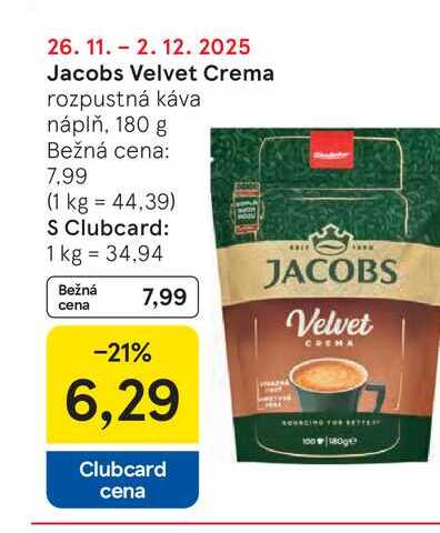 Jacobs Velvet Crema rozpustná káva náplň, 180 g
