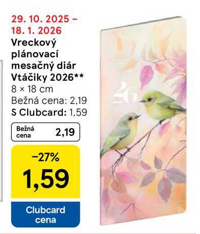 Vreckový plánovací mesačný diár Vtáčiky 2026