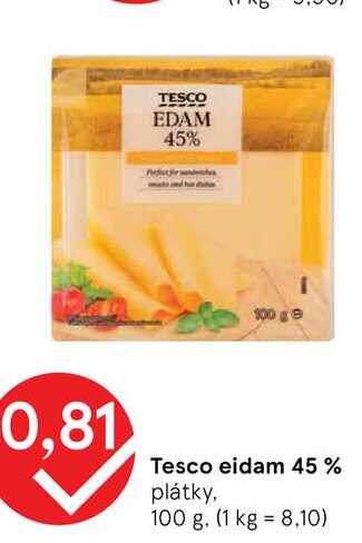 Tesco eidam 45 % plátky, 100 g