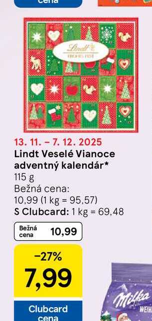 Lindt Veselé Vianoce adventný kalendár 115 g
