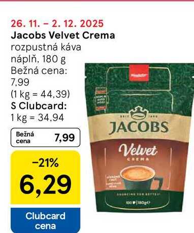 Jacobs Velvet Crema rozpustná káva náplň, 180 g