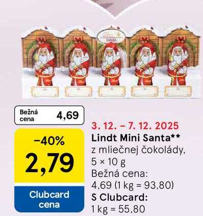 Lindt Mini Santa z mliečnej čokolády 5 x 10 g