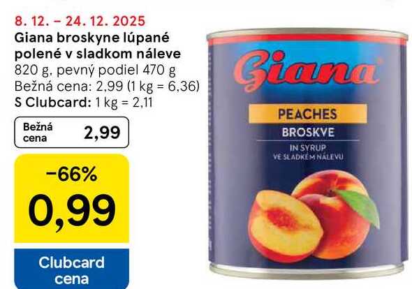 Giana broskyne lúpané polené v sladkom náleve 820 g