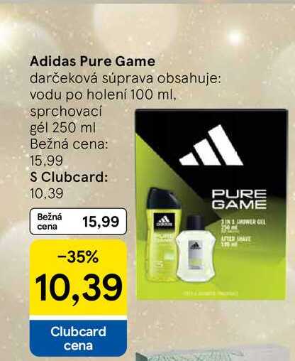 Adidas Pure Game darčeková súprava obsahuje: vodu po holení 100 ml, sprchovací gél 250 ml