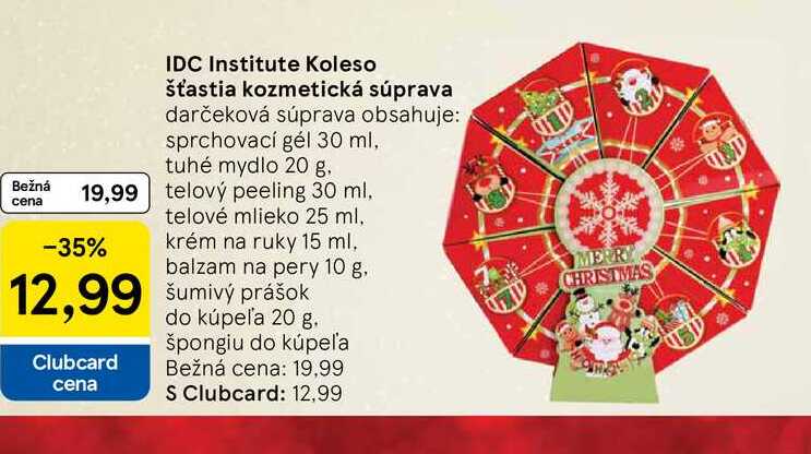 IDC Institute Koleso šťastia kozmetická darčeková súprava obsahuje: sprchovací gél 30 ml, tuhé mydlo 20 g, telový peeling 30 ml, telové mlieko 25 ml, krém na ruky 15 ml, balzam na pery 10 g, šumivý prášok do kúpeľa 20 g, špongiu do kúpeľa
