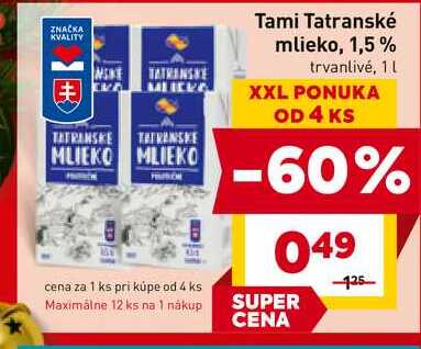 Tami Tatranské mlieko, 1,5% trvanlivé, 1L 