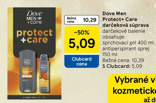 Dove MEN Protect+ Care darčeková súprava obsahuje: sprchovací gél 400 ml, antiperspirant sprej 150 ml