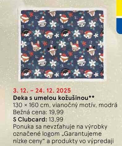 Deka s umelou kožušinou 130 x 160 cm, vianočný motív, modrá 