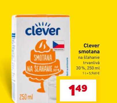 Clever smotana na šľahanie trvanlivá 30%, 250 ml
