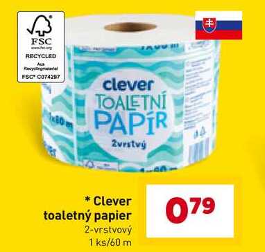 Clever toaletný papier 2-vrstvový 1 ks/60 m